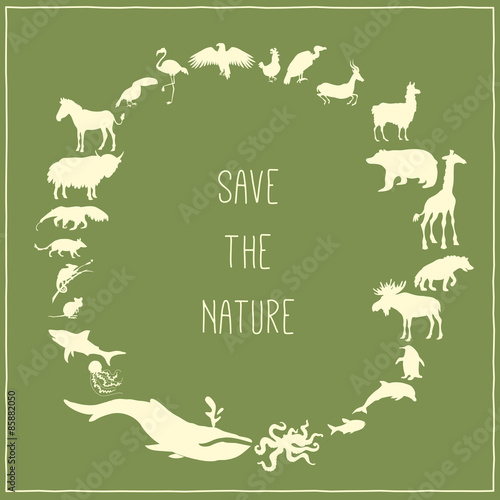 Concept green poster with animals silhouettes around with text