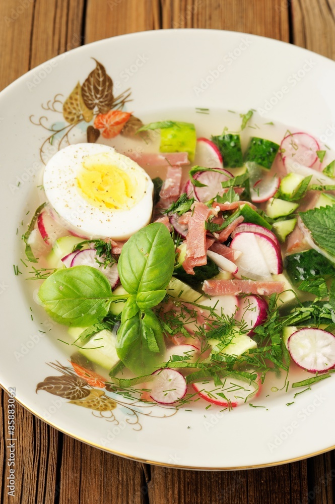 Okroshka, traditional cold Russian soup with kvas, cucumbers, ra Okroshka, traditional cold Russian soup with kvas, cucumbers, ra
