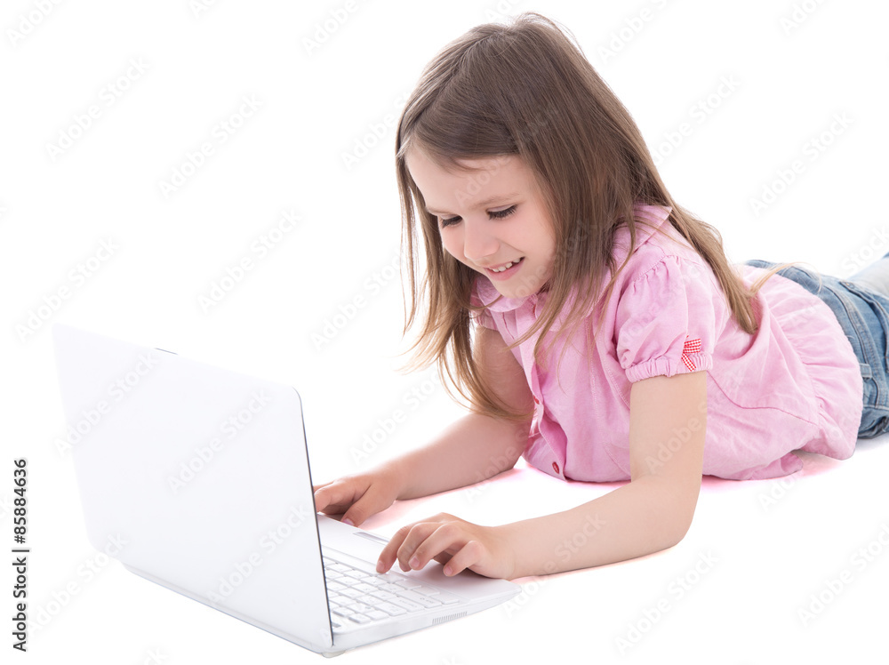 cute little girl using laptop isolated on white cute little girl using laptop isolated on white