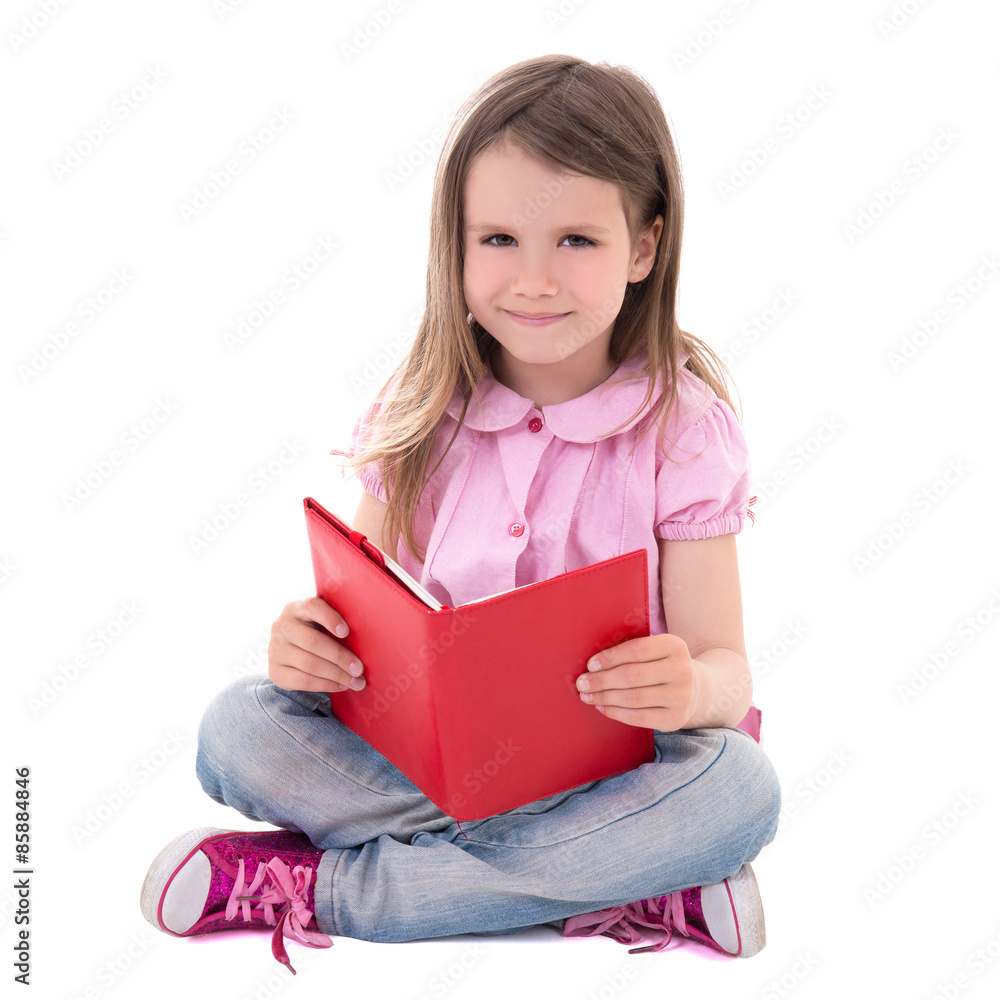education concept - cute little girl reading book isolated on wh education concept - cute little girl reading book isolated on wh