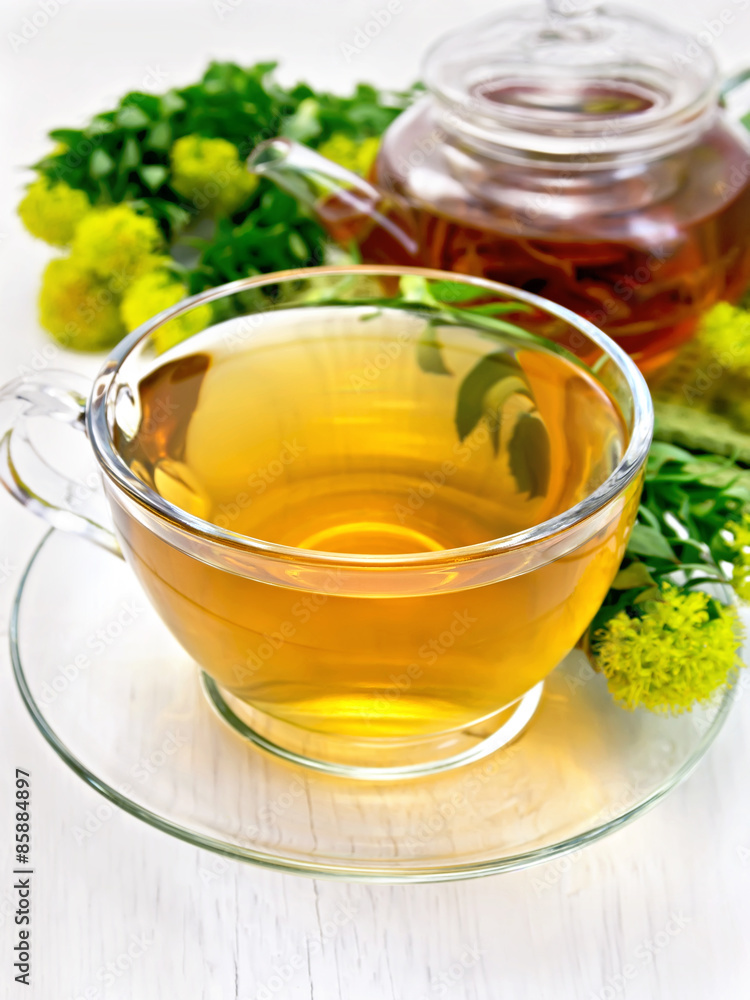 Tea of Rhodiola rosea in cup with teapot on board Tea of Rhodiola rosea in cup with teapot on board