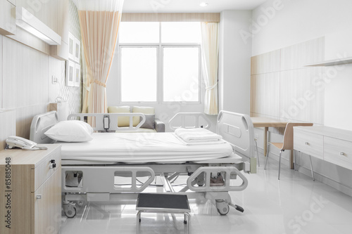 Hospital room with beds and comfortable medical equipped photo