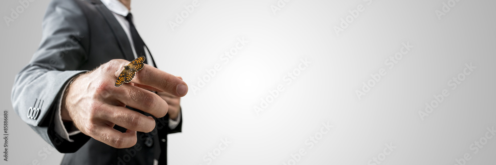 Businessman with a butterfly on his finger Businessman with a butterfly on his finger