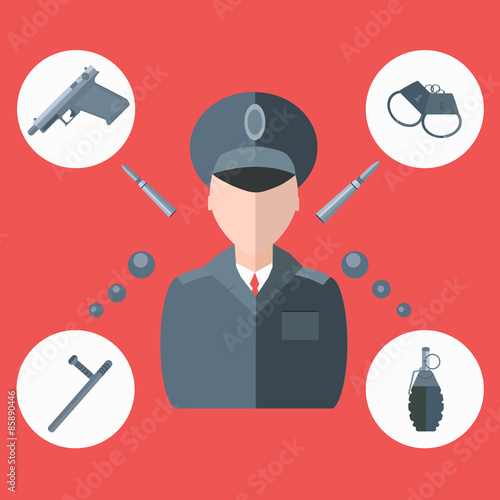 Police baton, gun, handcuffs, grenade