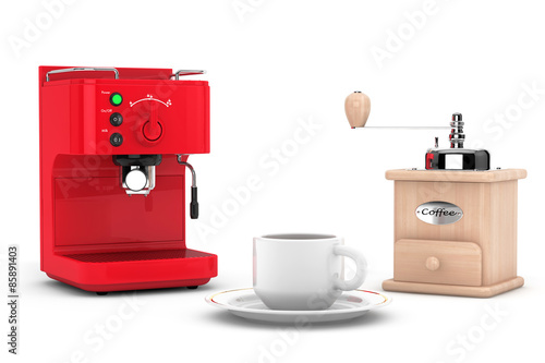 Fototapeta Naklejka Na Ścianę i Meble -  Espresso Coffee Making Machine with Wooden Coffee Mill and Cup