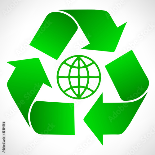 Green recycle symbol. Globe vector.