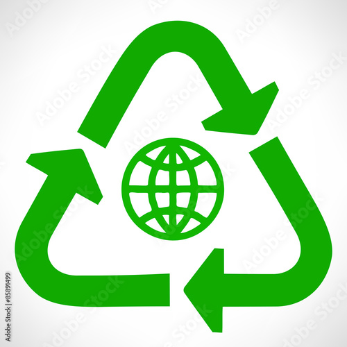 Green recycle symbol. Globe vector.