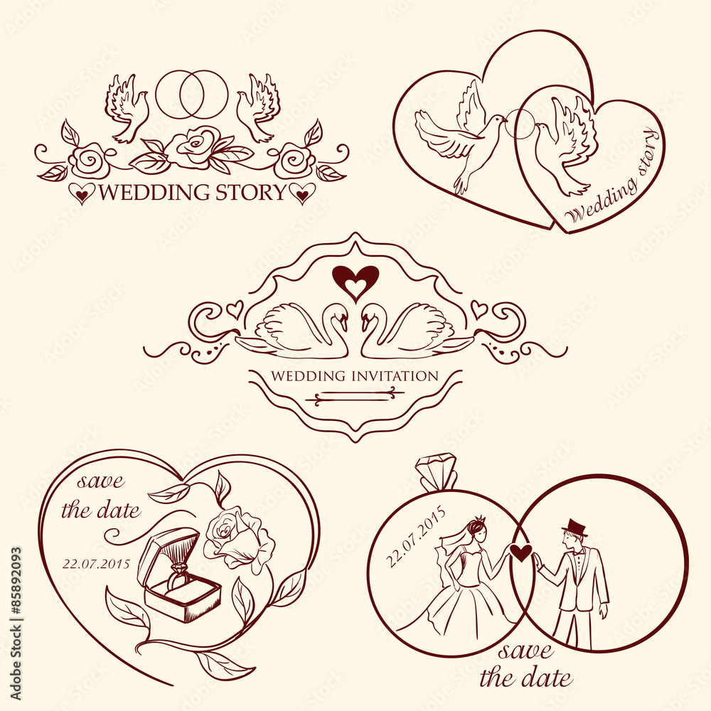Collection of decorative wedding logo in retro colors.