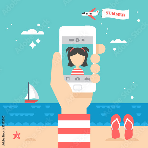 Flat stylish design for selfie photo with smart phone concept. S