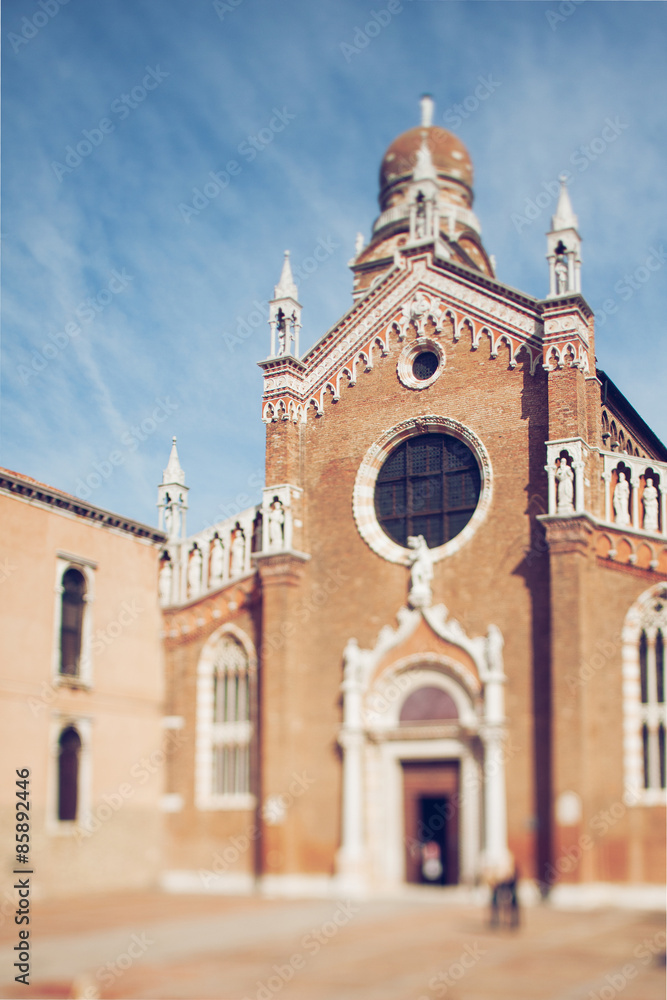 Tilt shift photo of church Santa Maria d Oro in Venice. Soft focus