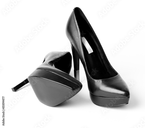 Canvas Print Black leather high heel shoes