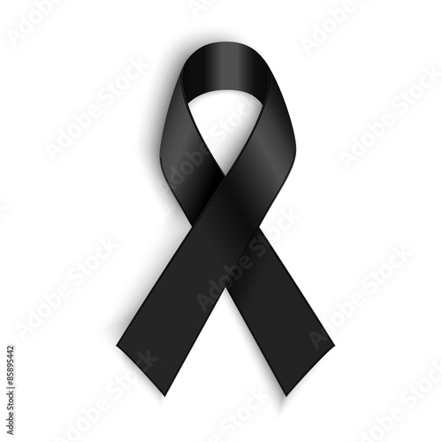 Black awareness ribbon on white background. Mourning and