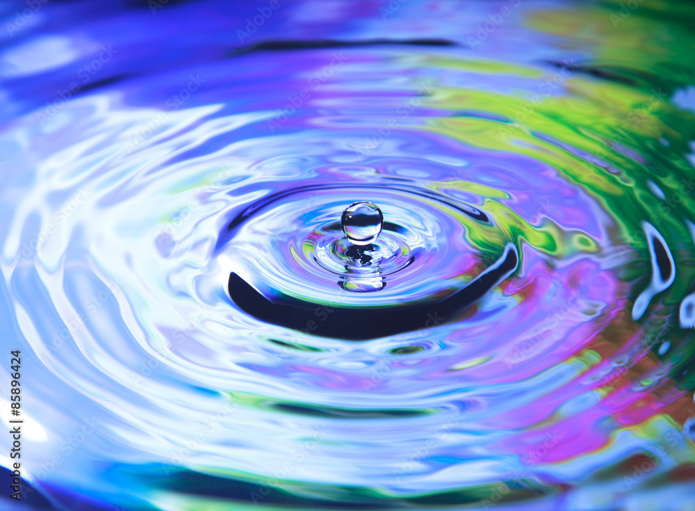 Water drop on the water, colorful background