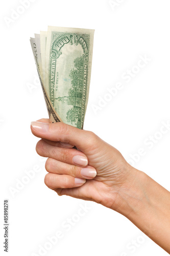 Close up of woman's hand holding a several dollar bills. Studio shot isolated on white.