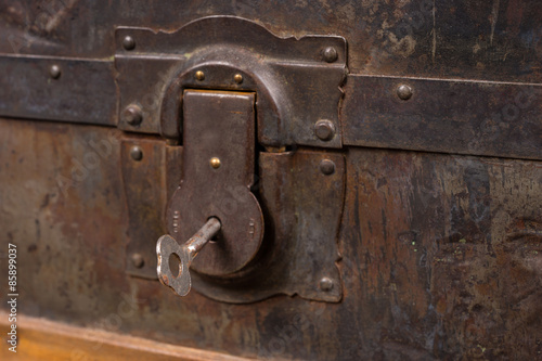 Close Up of Lock and Key of Antique Wooden Trunk