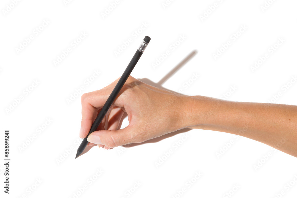 Fototapeta premium Making A Sketch Close up of woman's hand holding black pencil with rubber. Studio shot on white background with shadow.