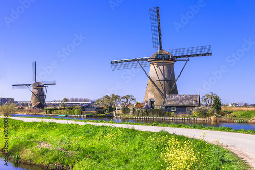 traditional Holland countryside - Kinderdijk, view with windmill