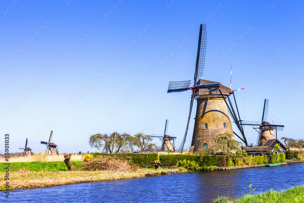 Naklejka premium traditional Holland countryside - Kinderdijk, valley of windmill