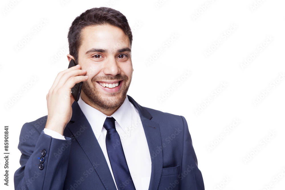 Business man talking on cell phone, isolated on white background Business man talking on cell phone, isolated on white background