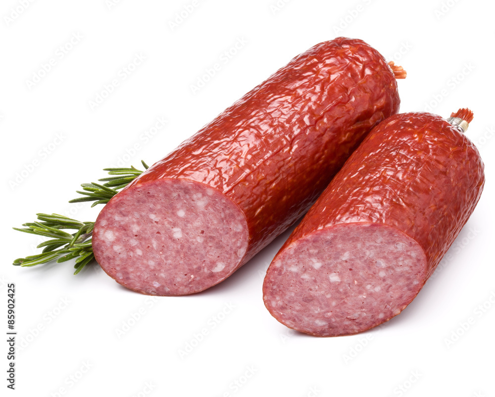 Smoked sausage salami isolated on white background cutout Smoked sausage salami isolated on white background cutout