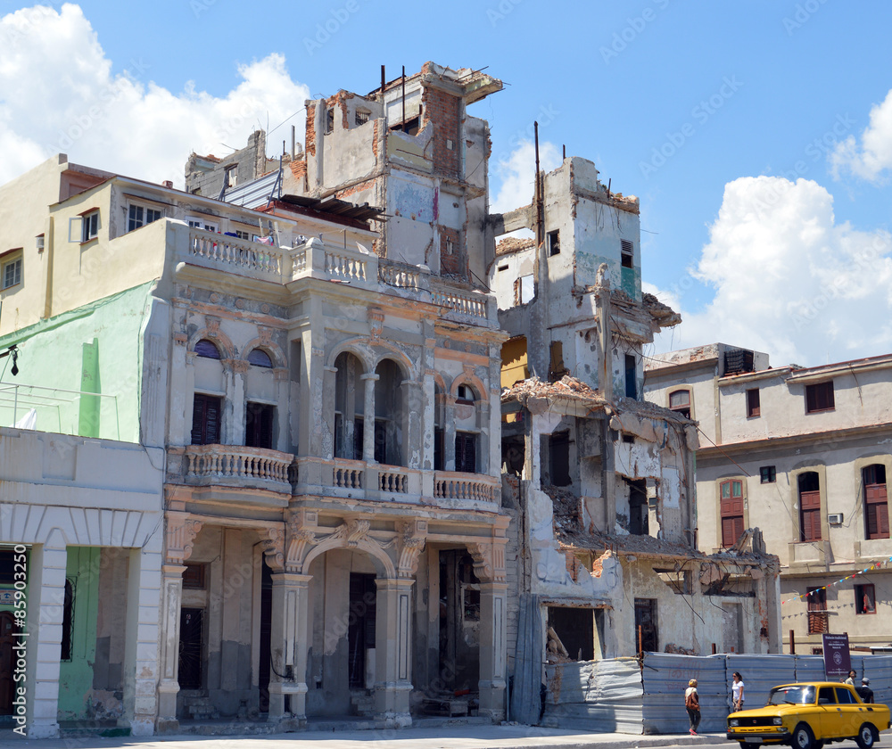 Havana, Cuba: Demolition of ruined building on Malecon