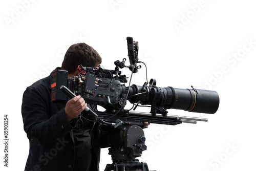 Isolated professional camera man filming a footage with the advanced filming set