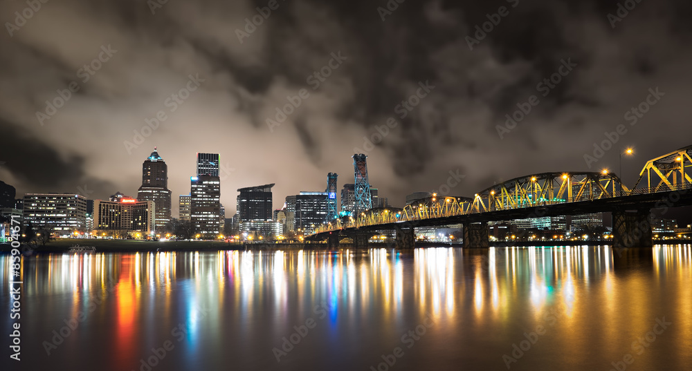 Portland City Night Skyline with waterfront, river and bridge