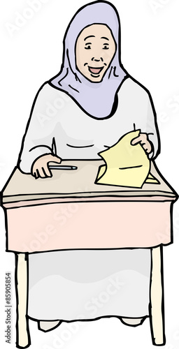 Happy Muslim Student at Desk