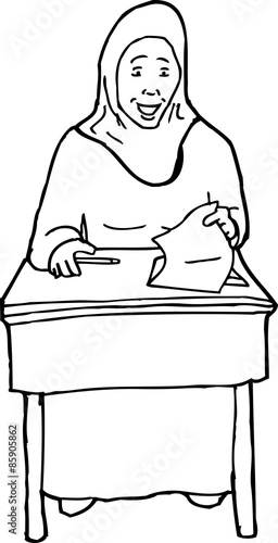 Outline of Happy Teen at Desk