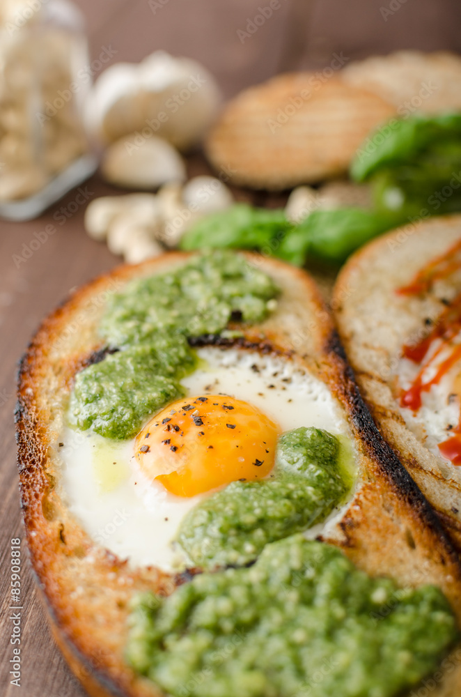 Vatiations of fried eggs inside bread Vatiations of fried eggs inside bread