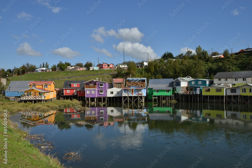 Palafitos colored stilt houses in Castro, Chiloe Island, Chile.