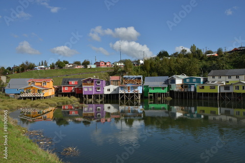 Palafitos colored stilt houses in Castro, Chiloe Island, Chile.