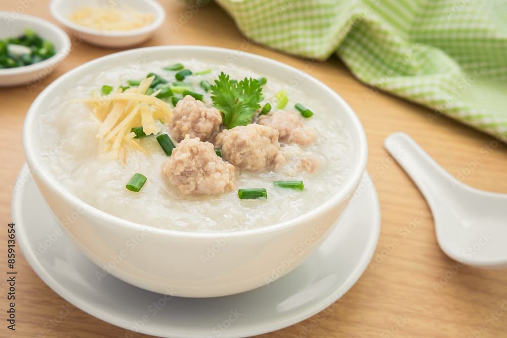 Congee with minced pork in bowl