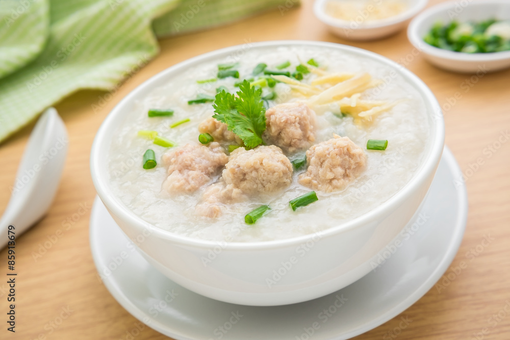 Congee with minced pork in bowl