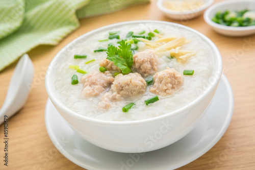 Congee with minced pork in bowl