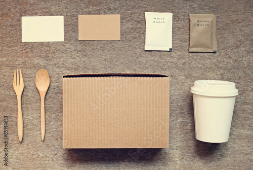 Coffee identity branding mockup set top view with retro filter e