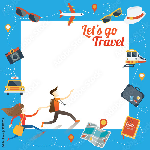 Couple run with Travel Objects Icons Frame