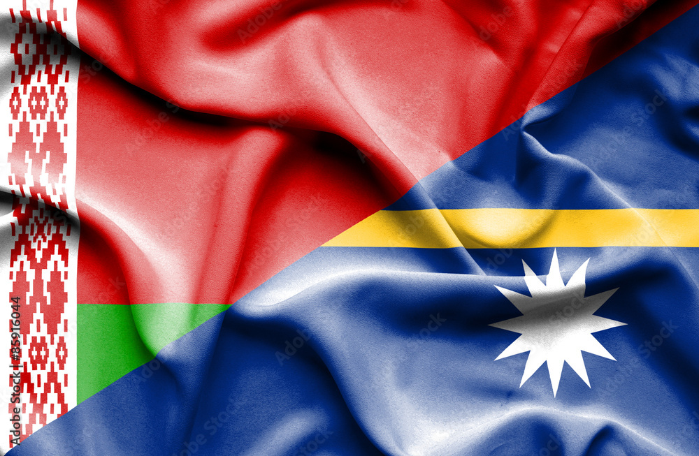 Waving flag of Nauru and Belarus Waving flag of Nauru and Belarus