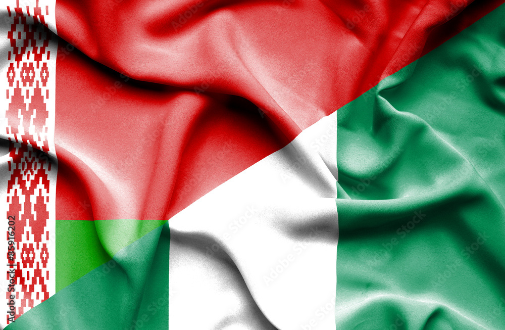 Waving flag of Nigeria and Belarus