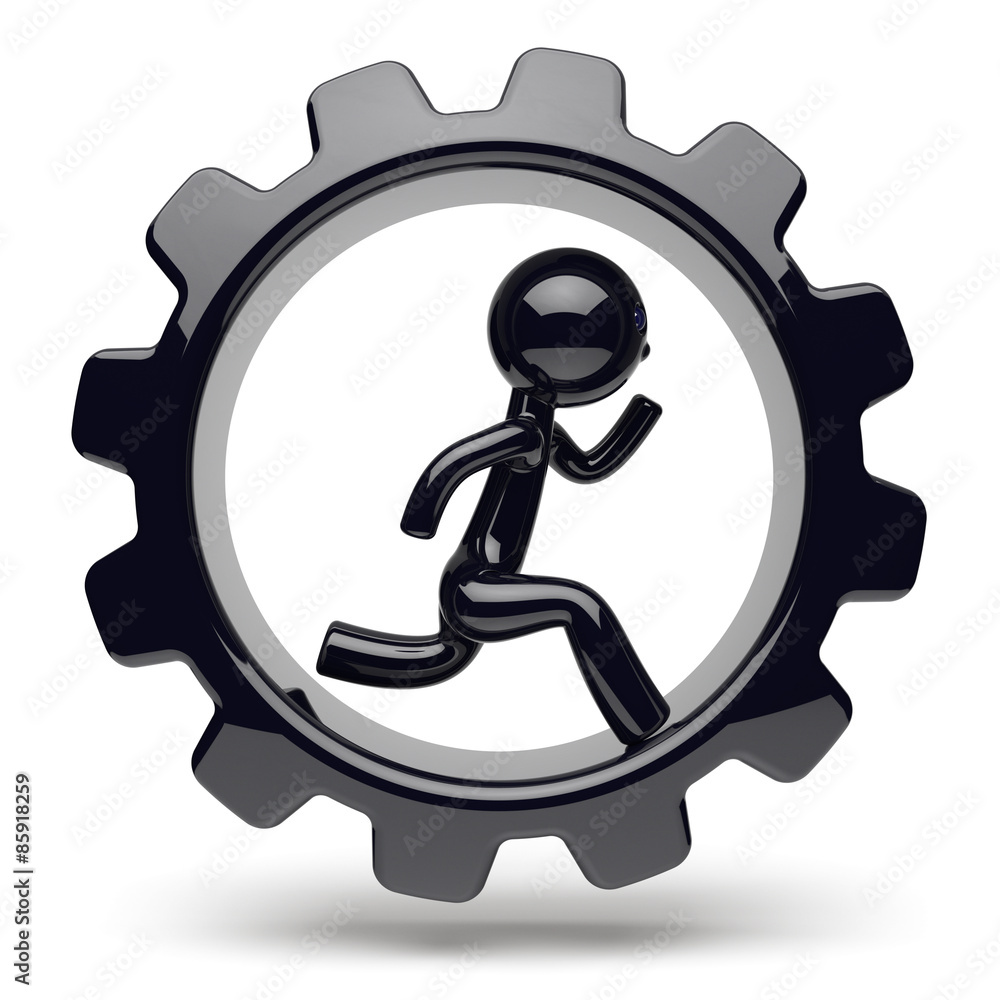 Man character running inside gearwheel business cogwheel Man character running inside gearwheel business cogwheel