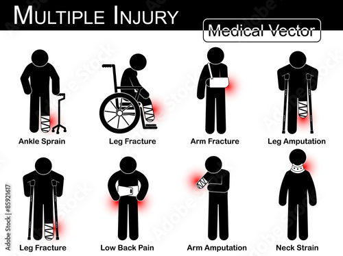 Multiple injury set ( Ankle sprain , Leg fracture , Arm fracture , Leg amputation , Leg fracture , Low back pain , Arm amputation , Neck strain )( Vector Medical stick man , physical therapy concept )