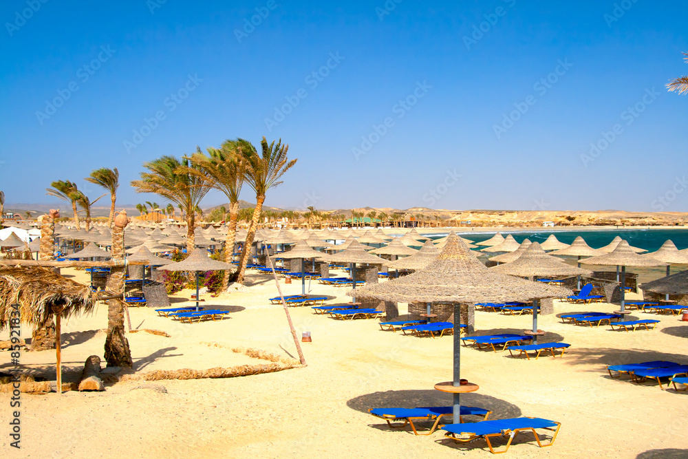 Exotic Beach
Blue sunbeds and straw umbrellas at exotic beach in Egypt.