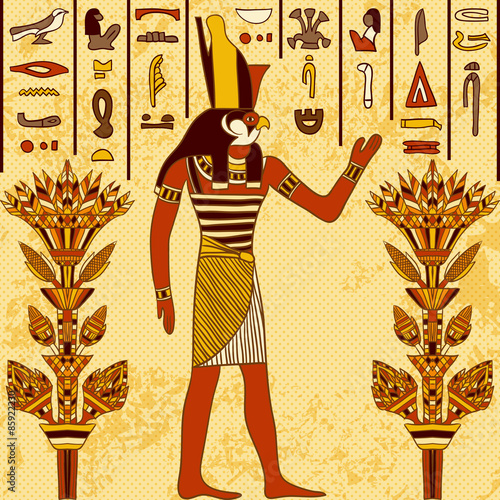 Vintage poster with egyptian god on the grunge background with ancient egyptian hieroglyphs and floral elements. Retro hand drawn vector illustration