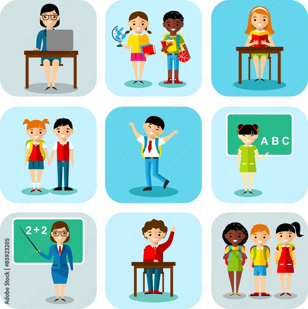 Flat design learning concept for education with school children, teachers

