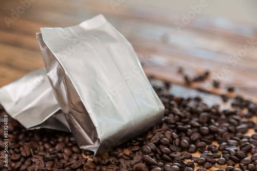 New coffee foil bag on wood table