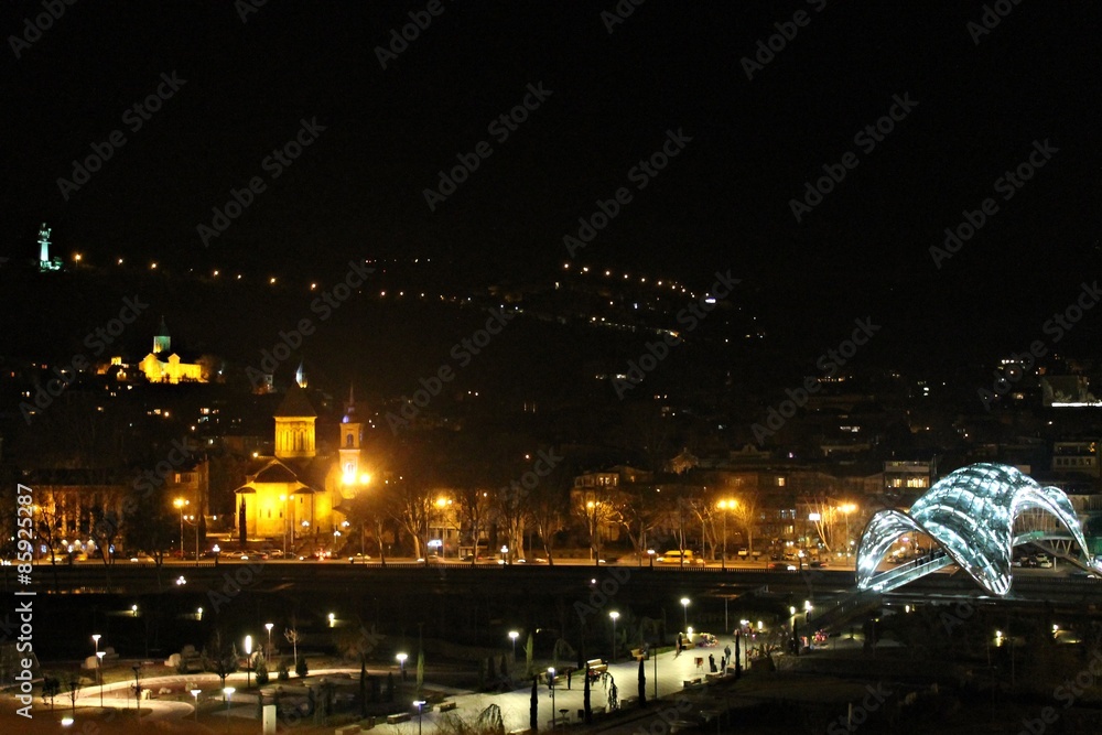 night Tbilisi, two churches, Peace bridge