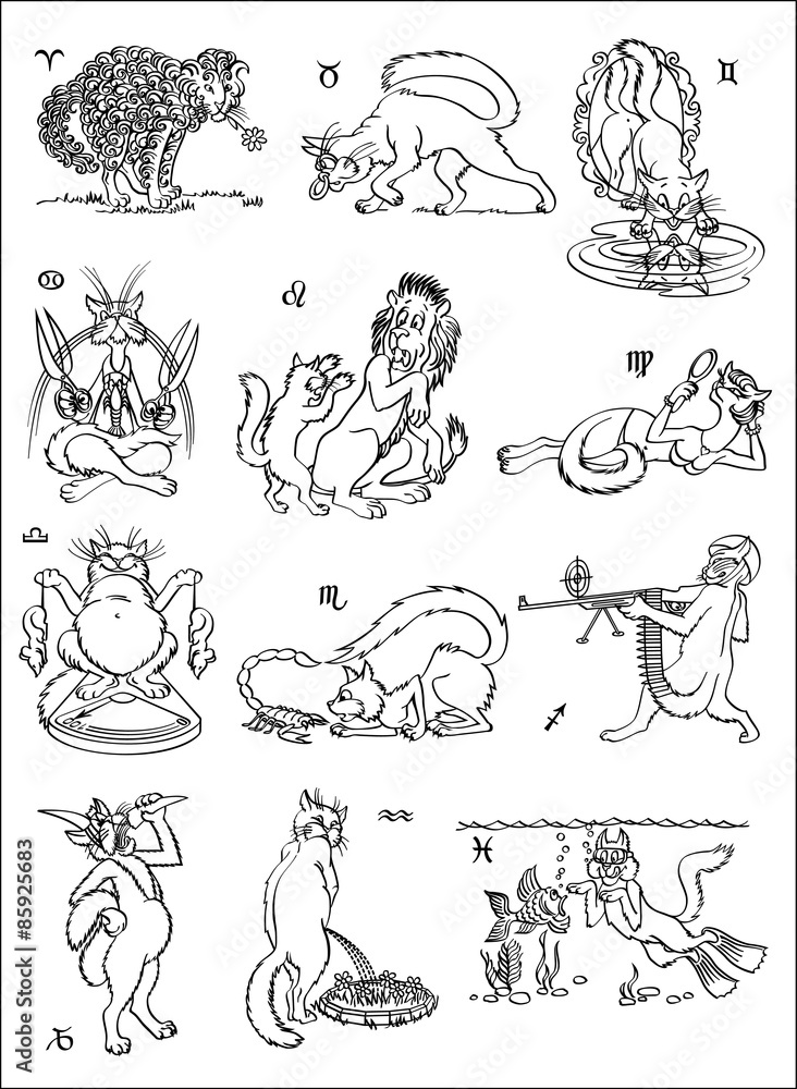 The humour zodiacal signs represented by means of images of cats