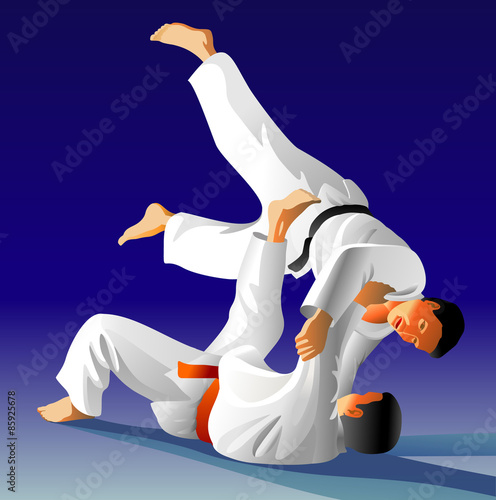 Vector illustration, how the fighter of judo is throwing the contender on a carpet