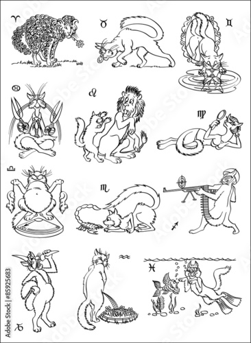 The humour zodiacal signs represented by means of images of cats