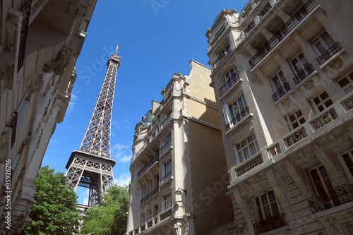 Street view on Eiffel tower in Paris, France